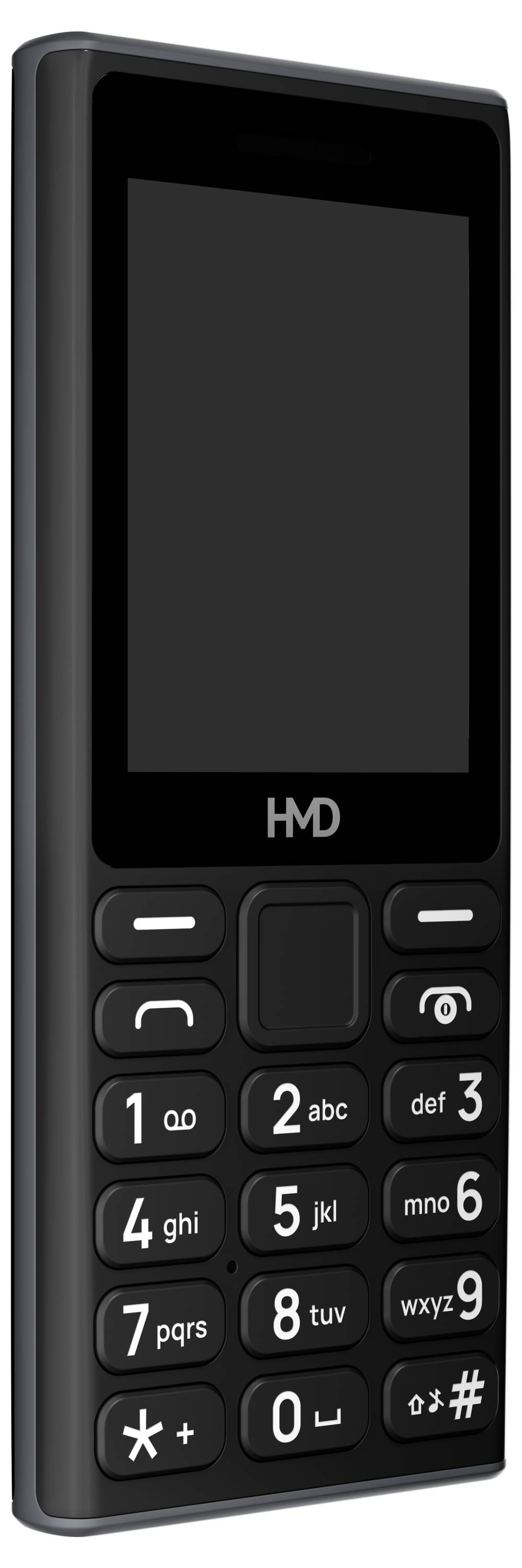 Un téléphone portable simple avec des touches, un boîtier noir et un petit écran.