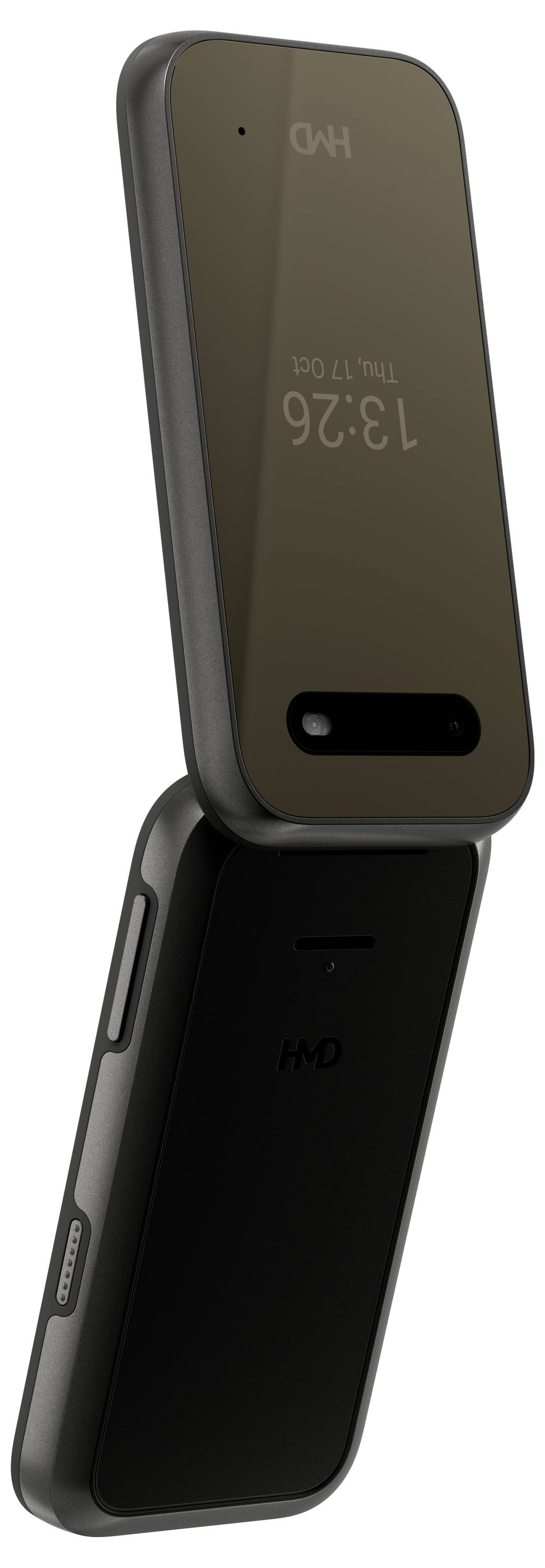 Un téléphone à clapet noir replié avec un design minimaliste et un affichage d'horloge numérique sur la face avant.