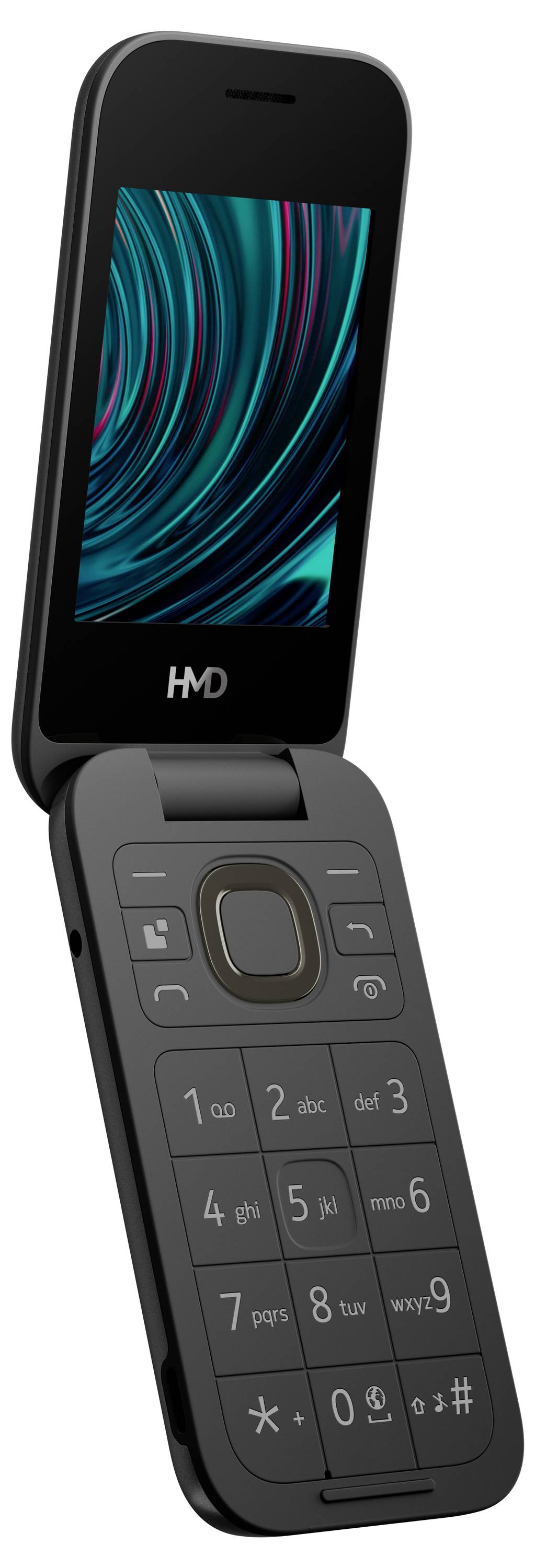 Téléphone portable noir à clapet ouvert avec écran carré, clavier numérique et logo HMD au niveau de la charnière.