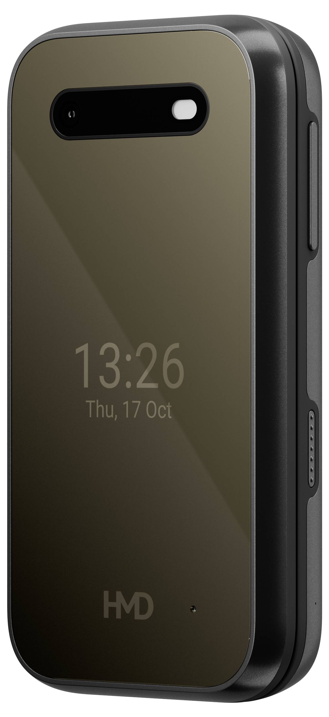 Un téléphone portable à clapet moderne avec un écran brillant qui affiche la date et l'heure. L'appareil a des bords fins et arrondis.