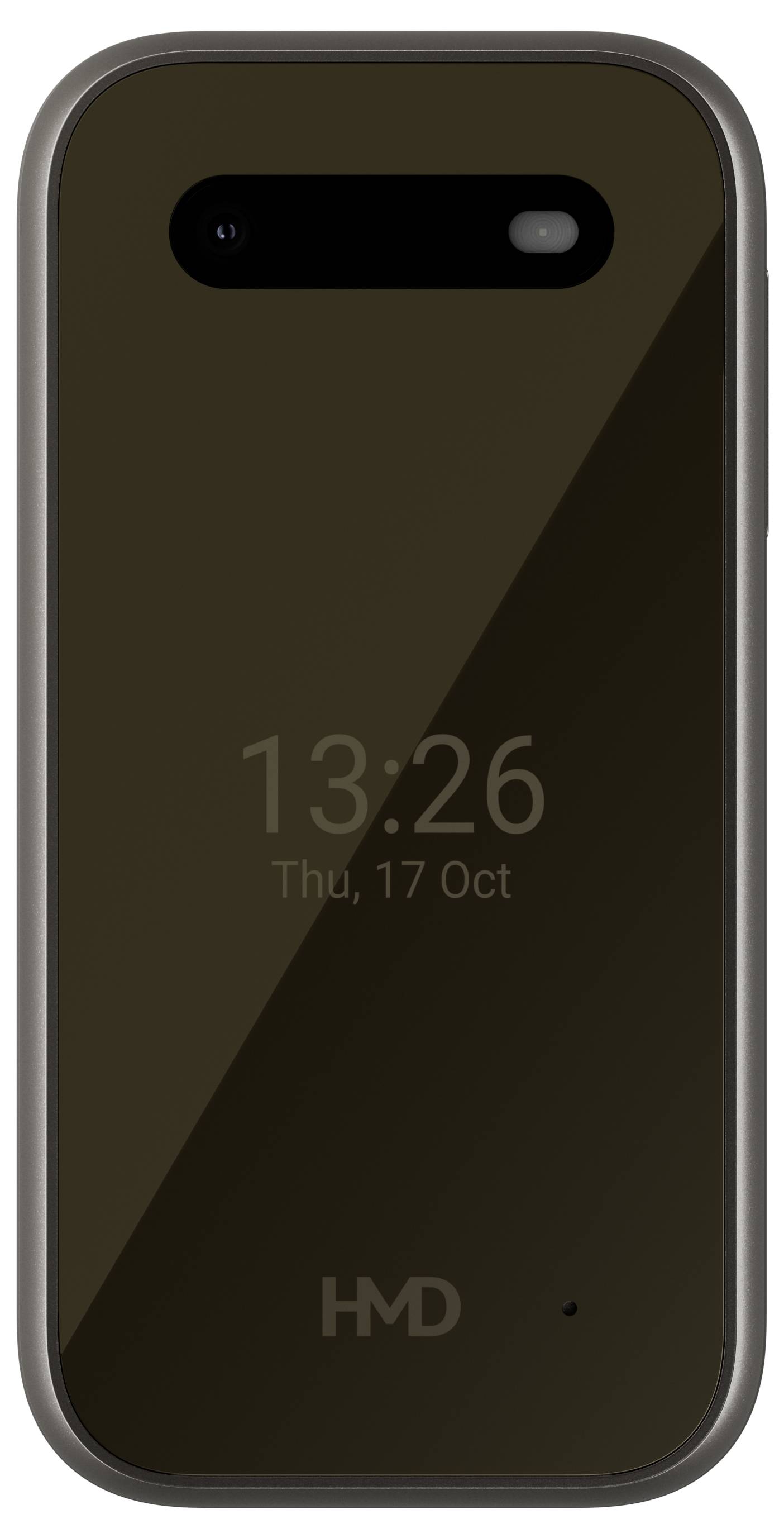 Un téléphone à clapet vu de face en position fermée. L'écran affiche l'heure et la date, '13:26 Thu, 17 Oct'.