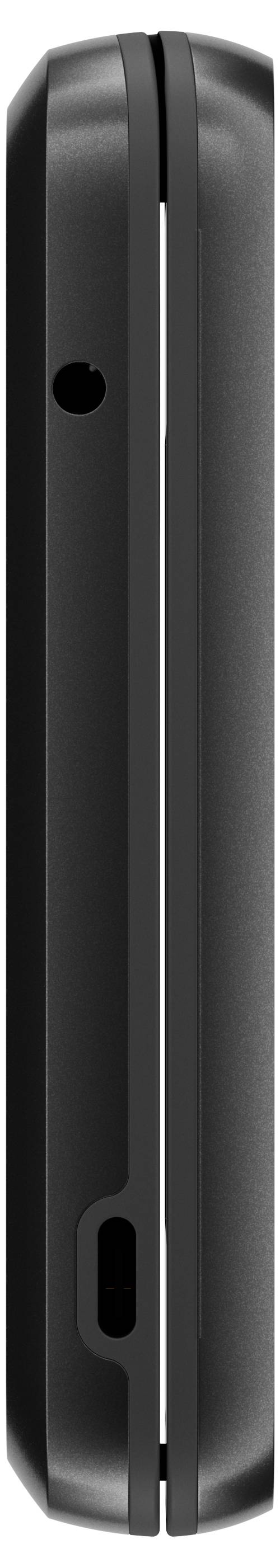 Vue latérale d'un appareil pliable en position fermée, boîtier noir avec charnière et connecteurs visibles.