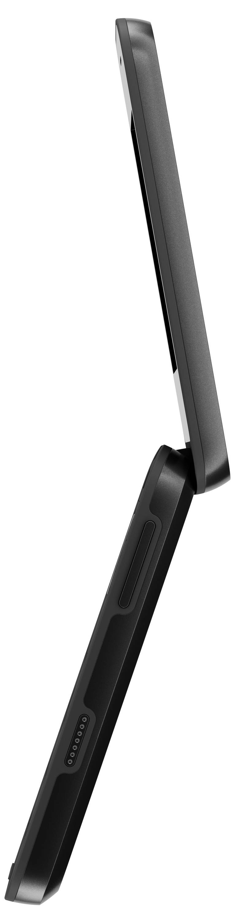 Ordinateur portable ouvert vu de profil, avec un design élancé et une surface noire.