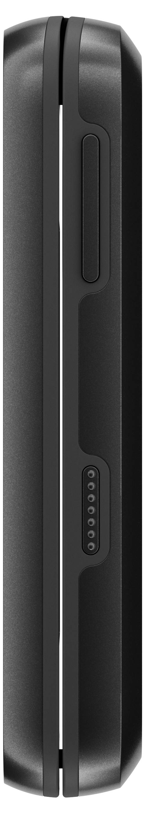 L'image montre la vue de côté d'un talkie-walkie noir avec des boutons sur le côté et une antenne en haut.