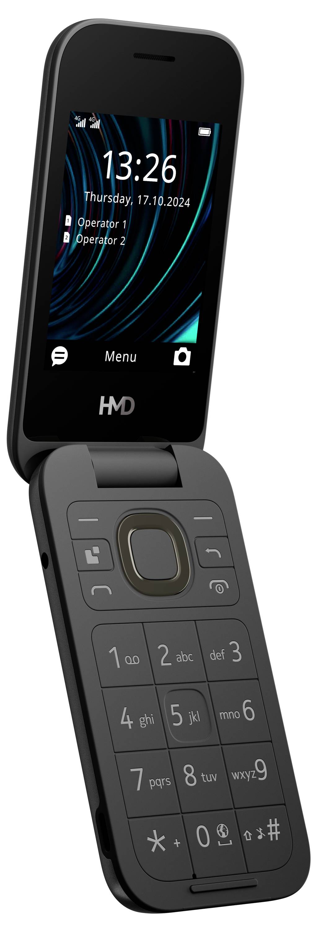Un téléphone portable à clapet noir avec un grand clavier et un écran qui affiche la date et l'heure.