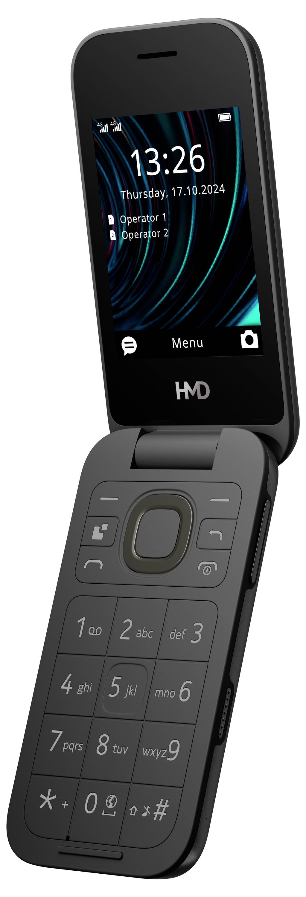 Téléphone à clapet noir avec écran ouvert. Affiche la date 'Thursday, 17.10.2024' et l'heure '13:26'. Clavier en dessous.