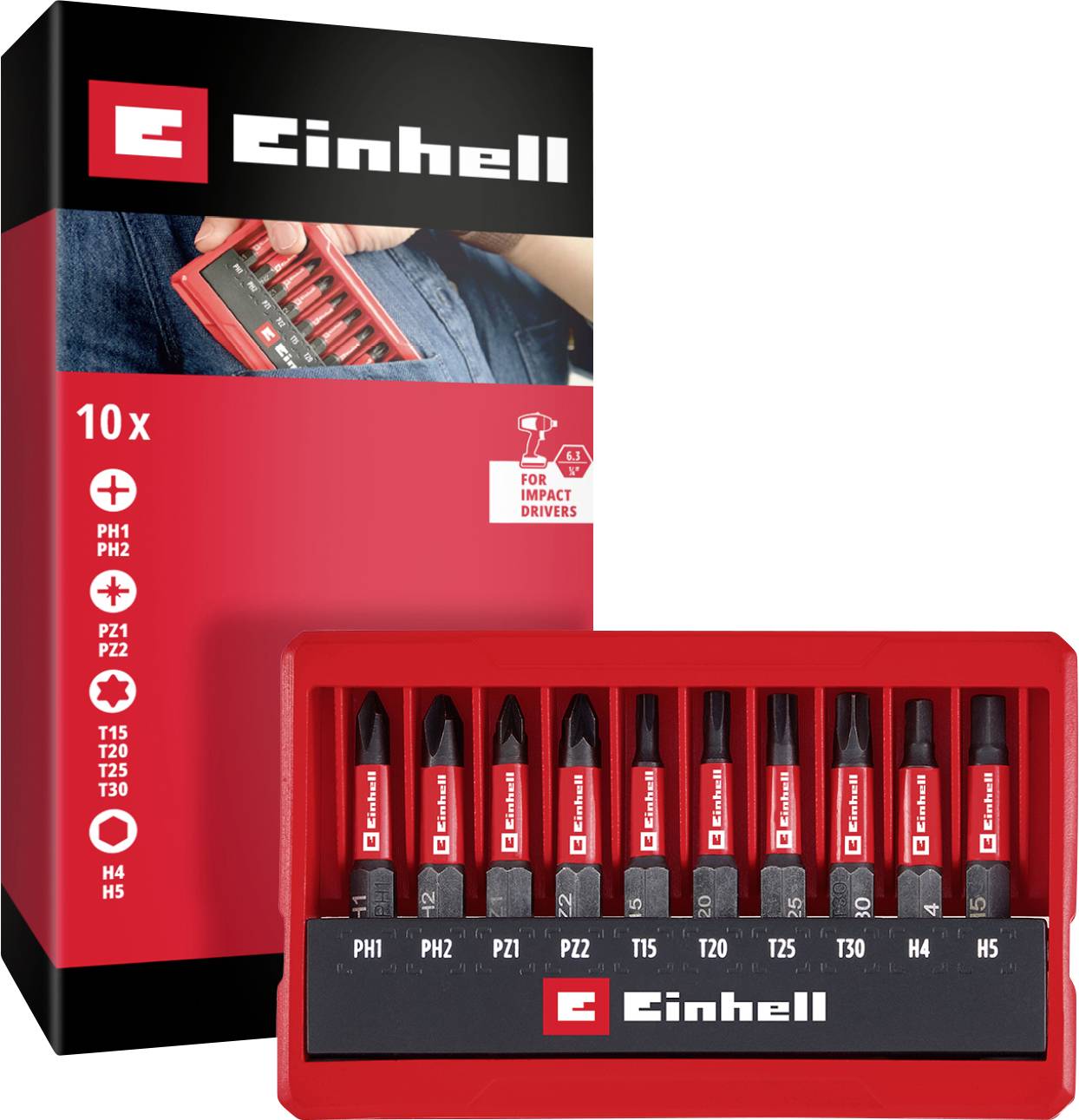 Un set rouge de dix embouts de tournevis de la marque Einhell, adapté aux perceuses à percussion. Contient les types PH1, PH2, PZ1, PZ2, T15, T20, T25, T30, H4 et H5.