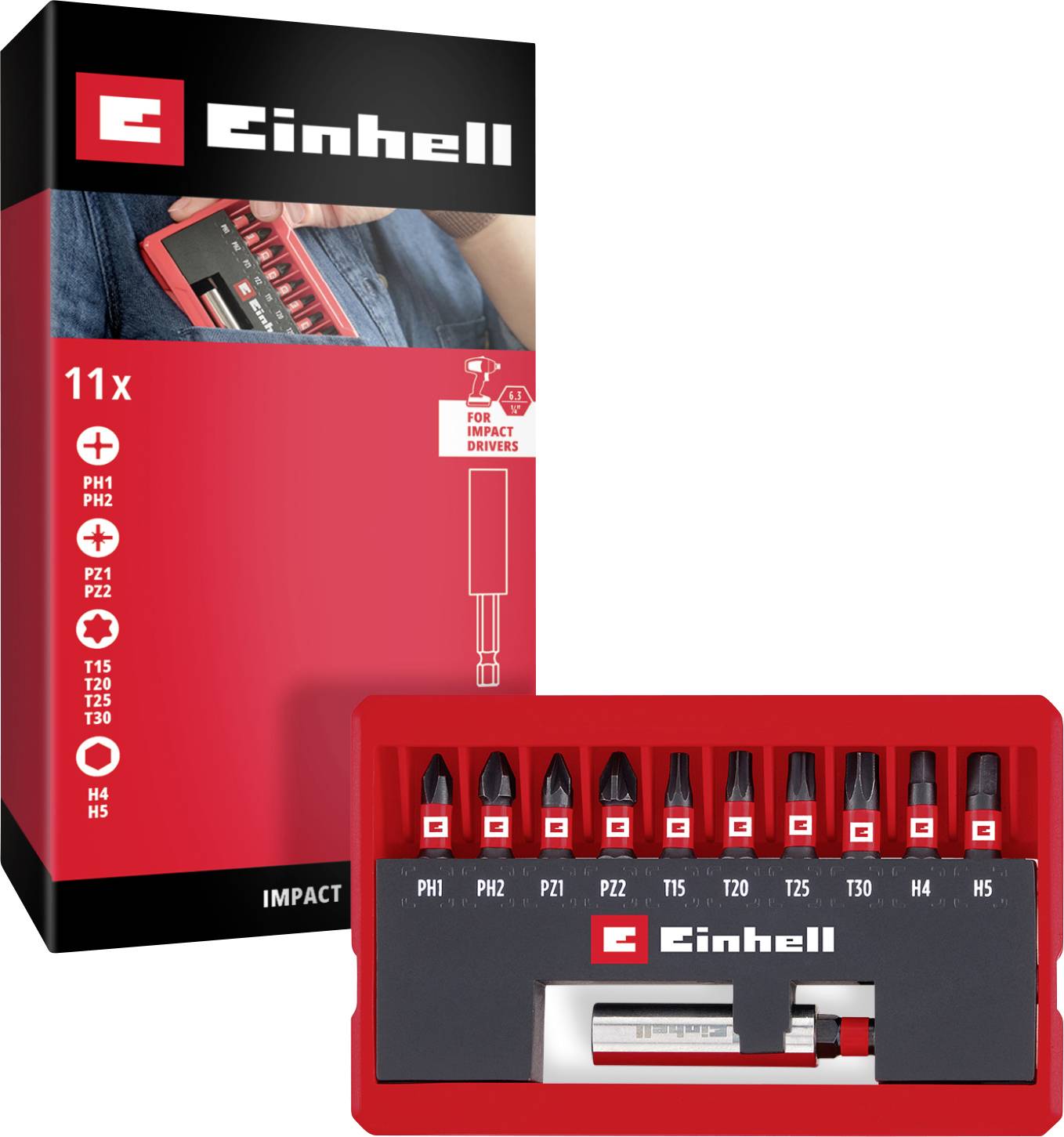 Coffret d'embouts Einhell pour tournevis, 11 pièces, contient différentes tailles d'embouts, emballé dans une boîte rouge.
