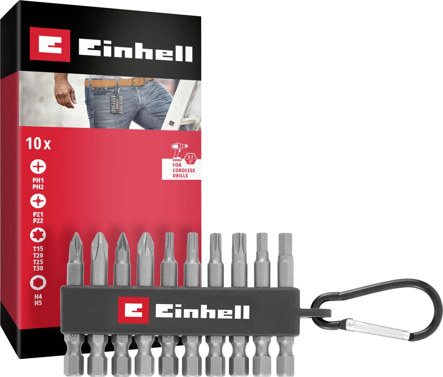 Coffret d'embouts de tournevis Einhell avec 10 embouts et mousqueton. L'emballage montre une poche de jean et met l'accent sur l'utilisation avec des perceuses sans fil.