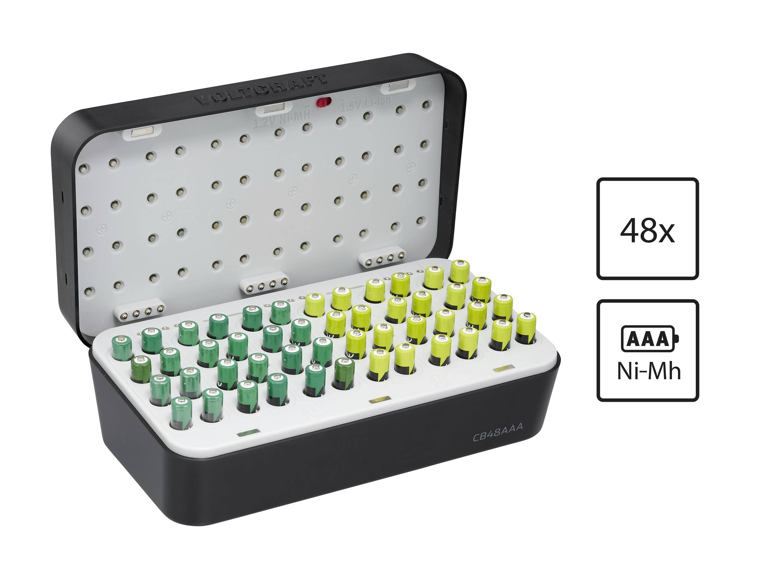 Un étui de rangement pour piles est ouvert, présentant des piles AAA rechargeables bien organisées. Le texte indique « 48x » et « AAA Ni-MH » à côté du boîtier.