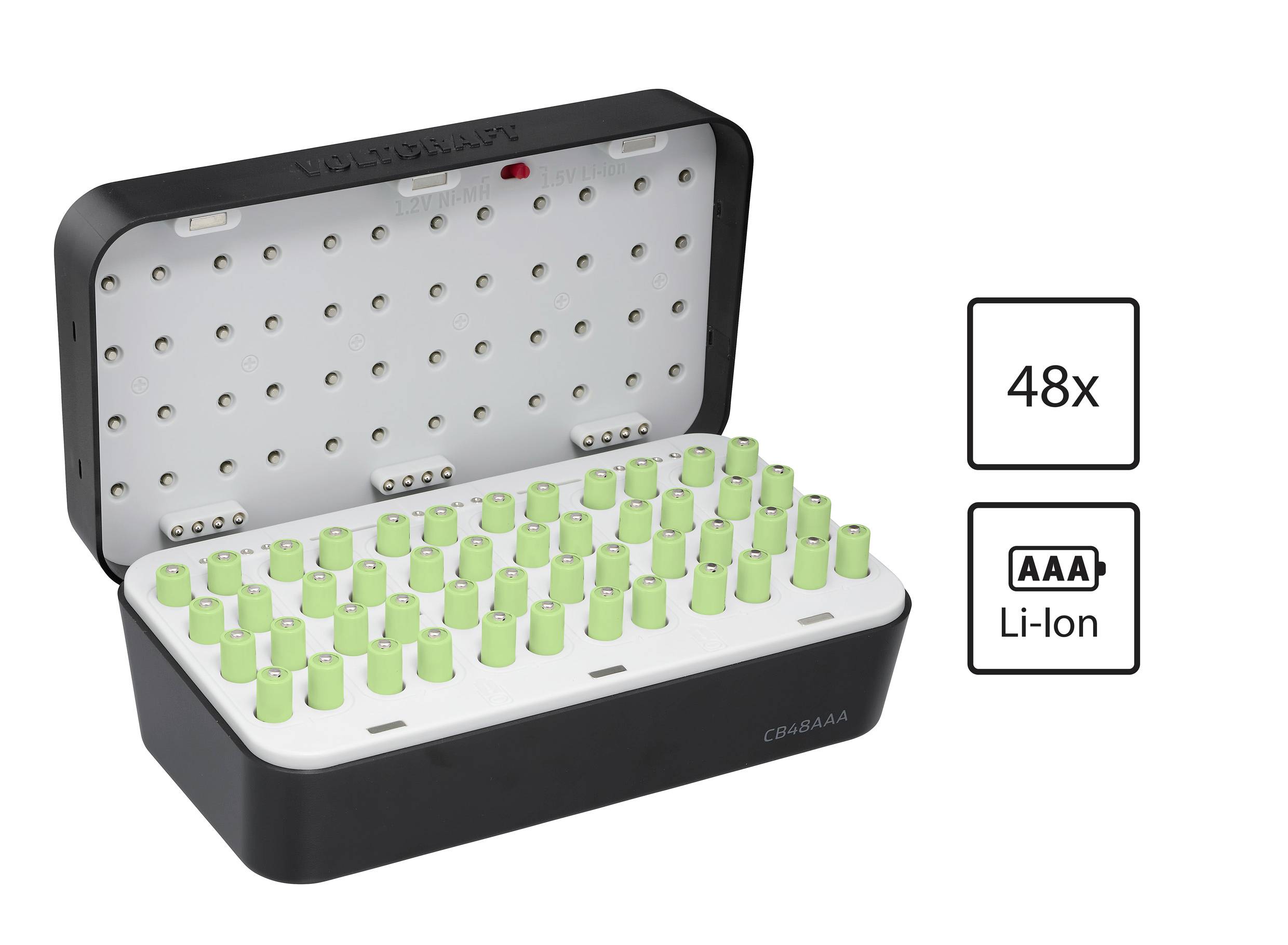 Un boîtier de batterie ouvert avec des emplacements contenant 48 batteries rechargeables Li-ion vertes de type AA ou AAA. Les étiquettes indiquent une capacité de support pour 48 batteries, de taille AA ou AAA, et de type Li-ion.