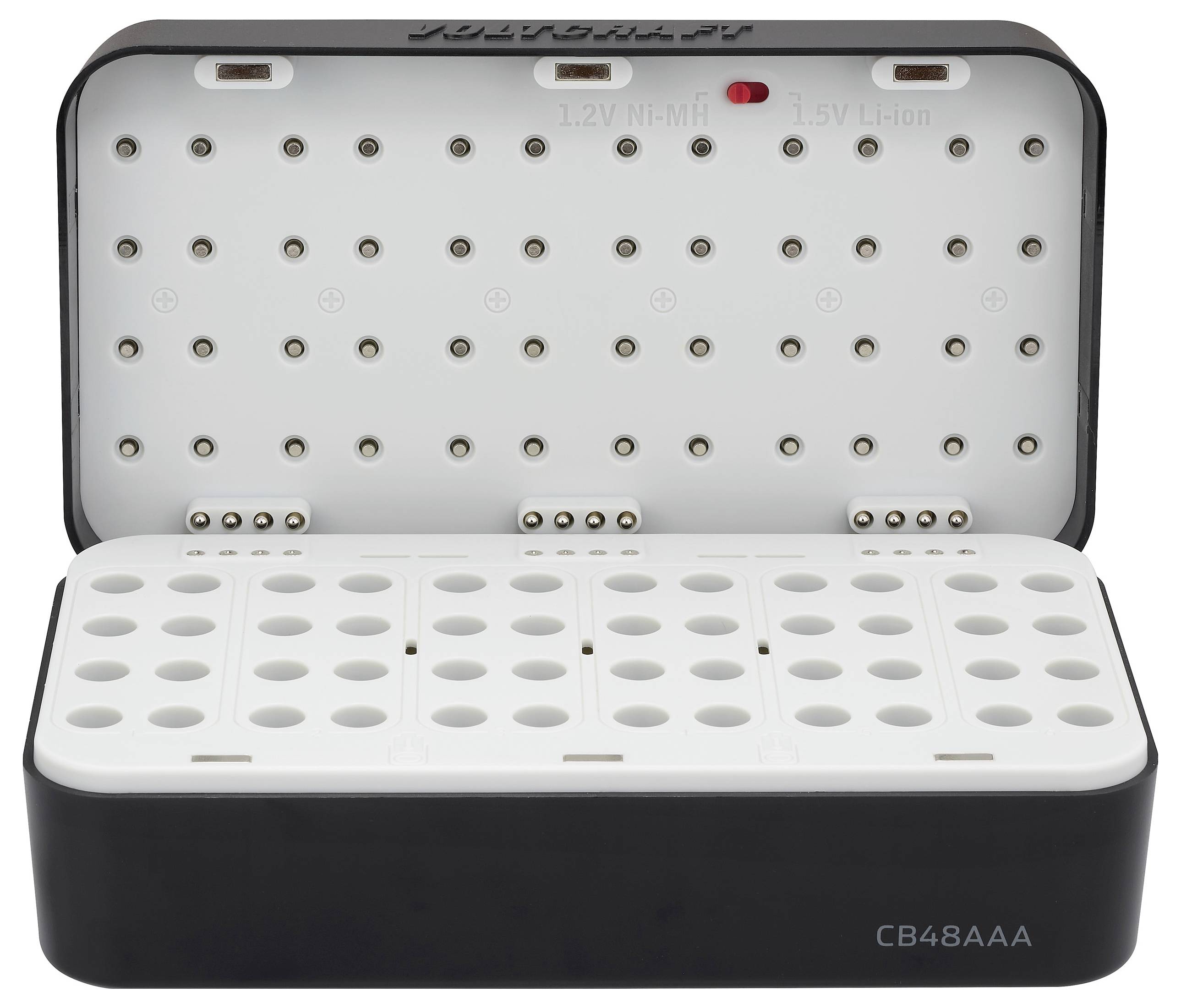 Chargeur de batterie ouvert montrant les emplacements pour charger plusieurs piles AAA.