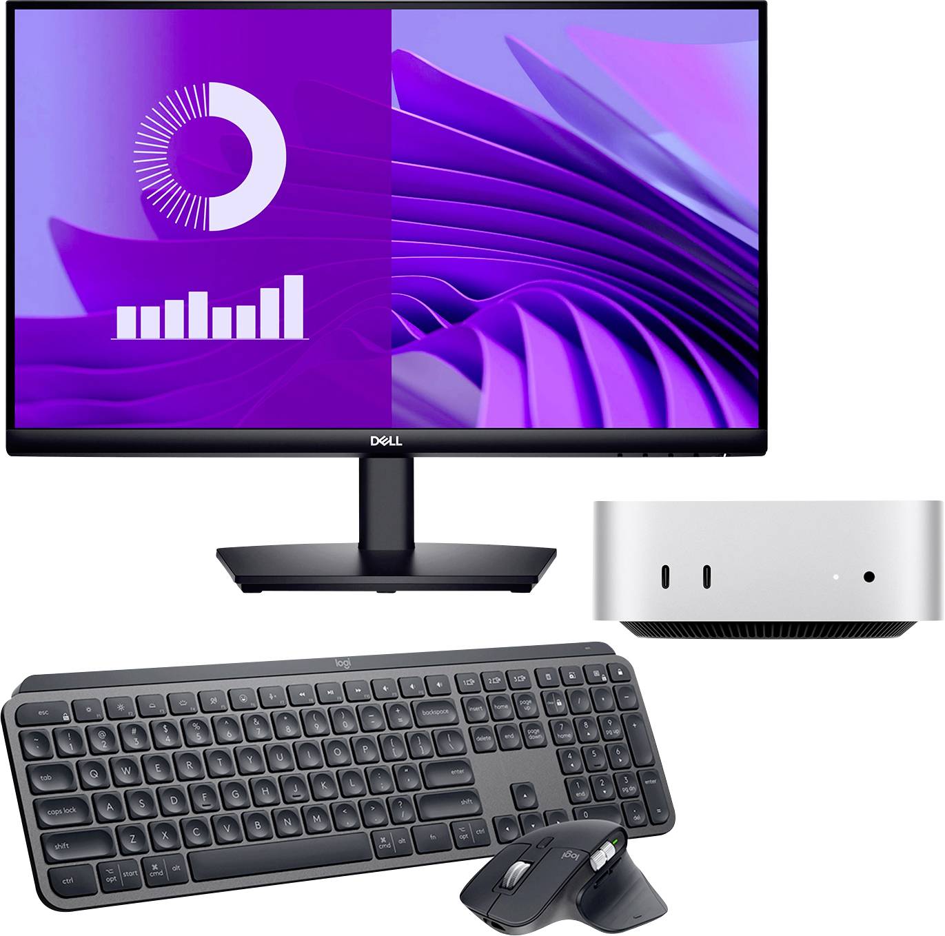 Installation informatique avec un écran affichant un tableau de bord numérique violet, un clavier sans fil, une souris et un boîtier d'ordinateur compact.