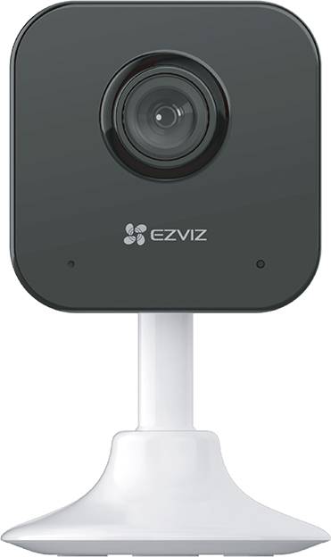 Une caméra de sécurité compacte noire avec un objectif grand angle sur un support blanc, de marque 'EZVIZ', adaptée à la surveillance intérieure.