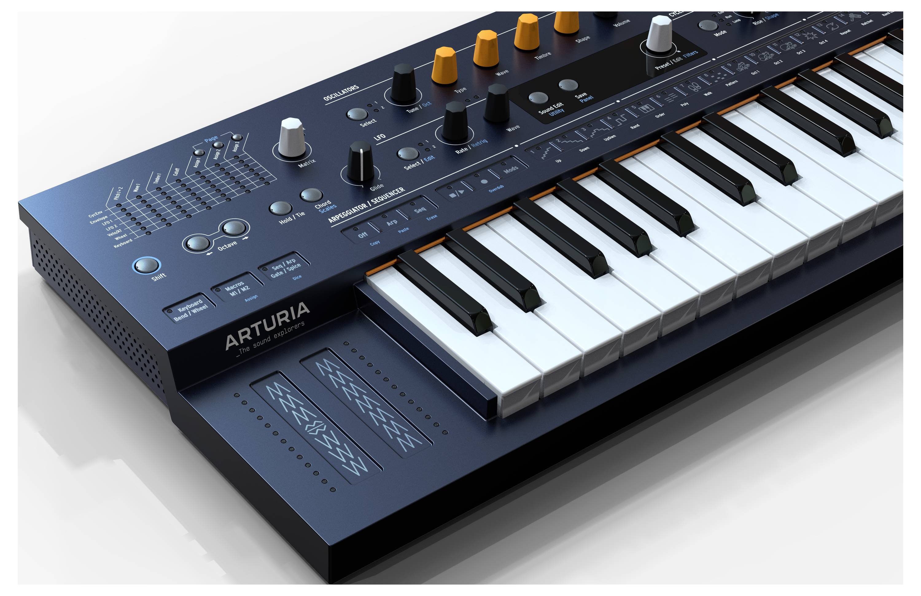 Un synthétiseur bleu avec des touches blanches, plusieurs boutons rotatifs et un pavé tactile. La marque 'Arturia' est visible sur le côté.