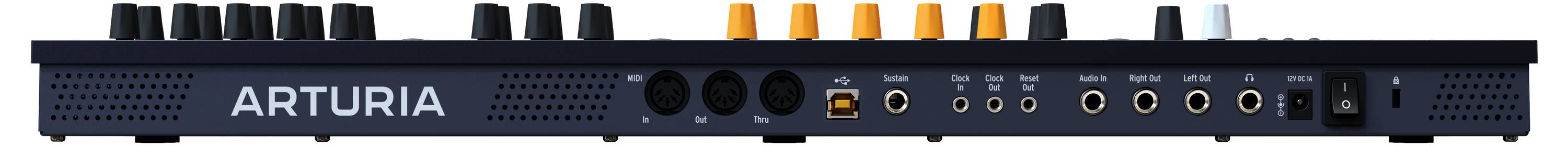 Vue arrière d'une interface audio de la marque Arturia avec différentes entrées et sorties pour les connexions audio.