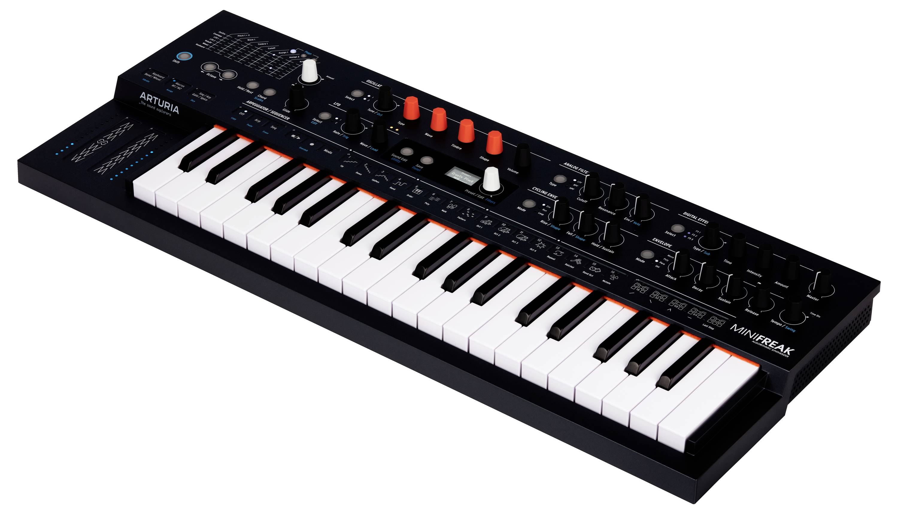 Un clavier synthétiseur noir avec des touches blanches et des boutons rouges, adapté à la production musicale et aux sons électroniques.