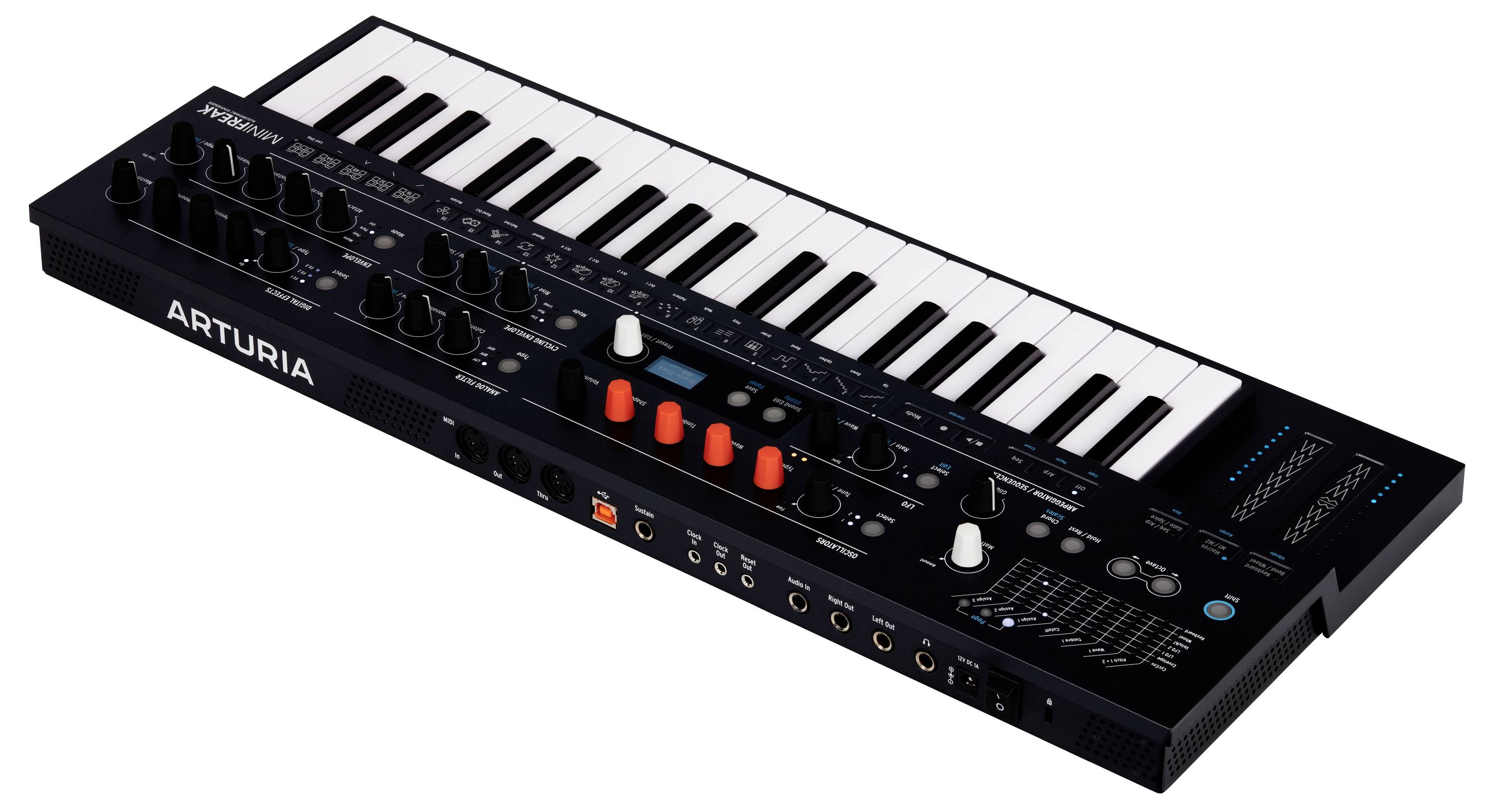 Synthétiseur avec clavier, potentiomètres et connecteurs, nom de modèle 'Arturia' ; dans un coloris noir et blanc avec des accents orange.