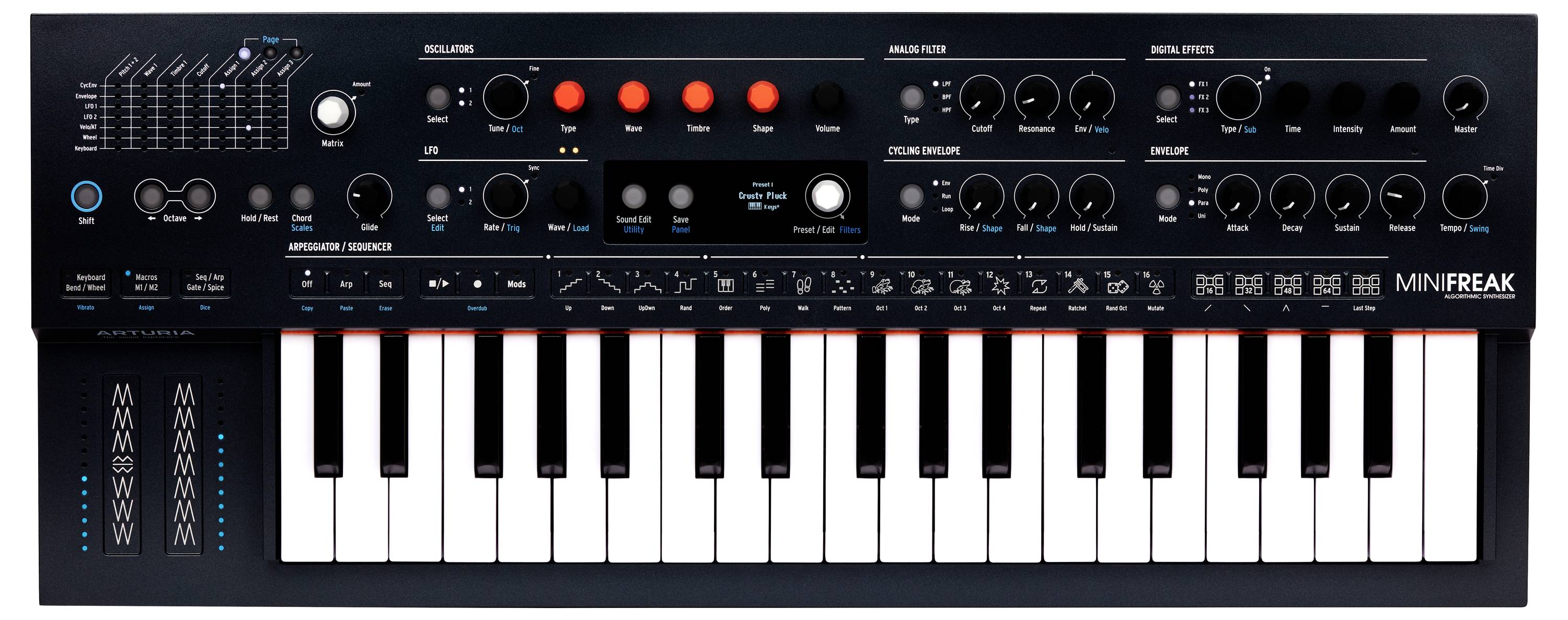 Clavier électronique avec plusieurs potentiomètres et touches pour la manipulation sonore. Affichages pour les filtres, oscillateurs et effets.