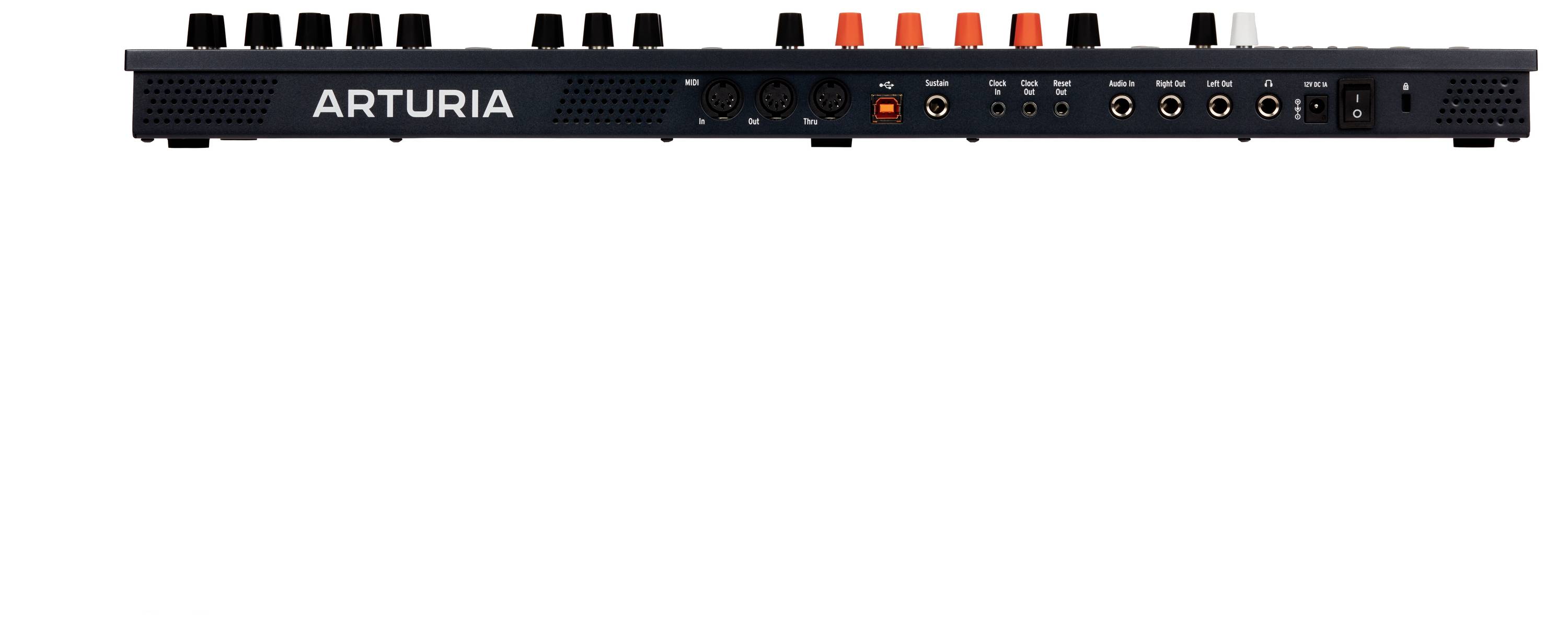 L'arrière d'un synthétiseur Arturia avec différentes possibilités de connexion et des boutons colorés.