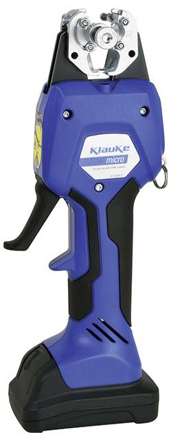 Un outil de sertissage hydraulique manuel bleu avec une poignée noire, étiqueté 'Klauke micro', conçu pour des travaux de précision dans les applications électriques et mécaniques.