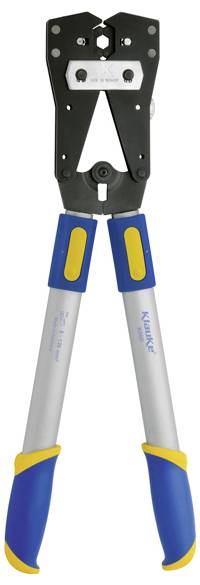 L'image montre une paire de pinces à sertir KNIPEX avec des poignées bleues et jaunes, utilisées pour les travaux électriques, présentées sur un fond blanc.