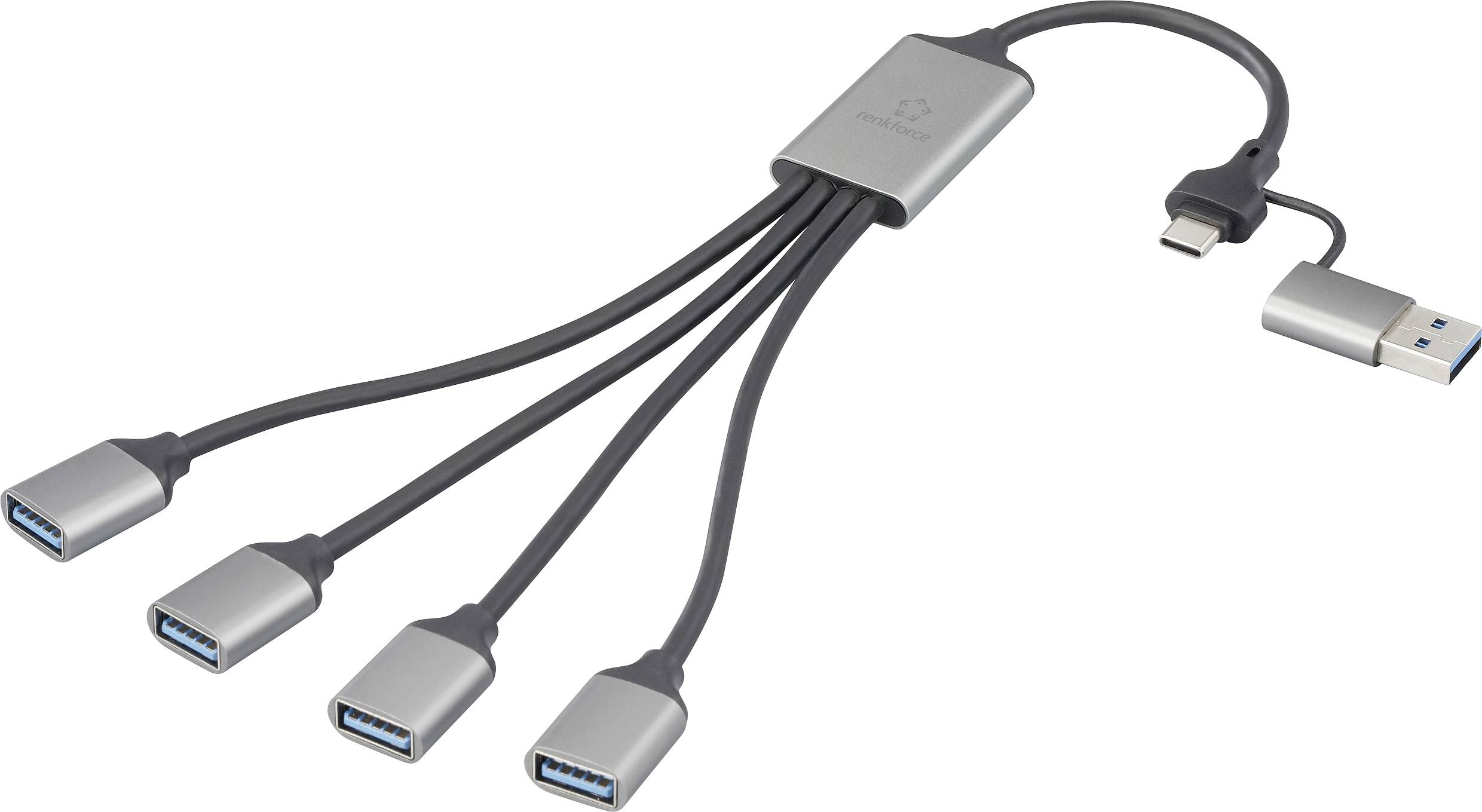 Un hub USB avec une entrée USB-C et quatre sorties USB 3.0, permettant à plusieurs appareils de se connecter à un port unique pour une connectivité étendue.