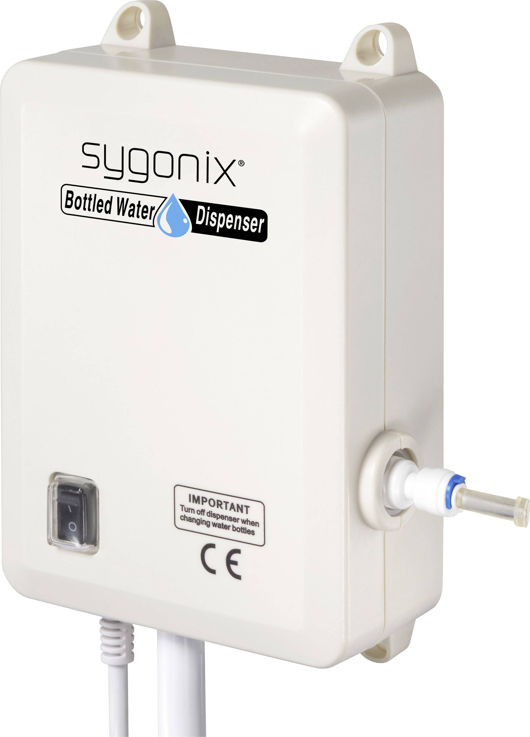 Un distributeur d'eau en bouteille Sygonix beige, équipé d'un interrupteur marche/arrêt et d'un connecteur de sortie d'eau. Instructions d'utilisation importantes indiquées ci-dessous.