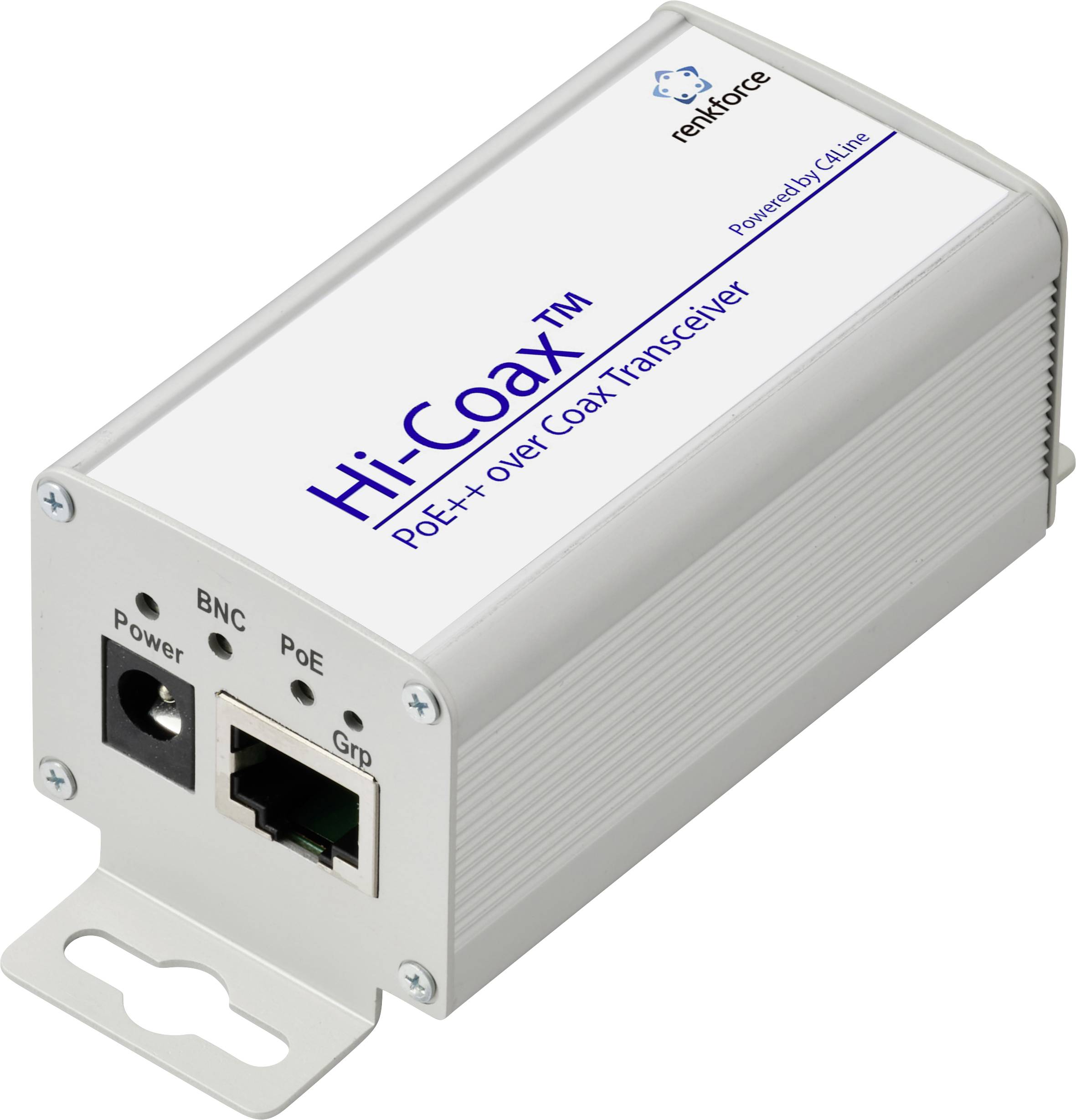 Un petit dispositif en forme de boîte étiqueté « Transceiver Hi-Coax PoE++ sur Coax » avec des ports pour l'alimentation, BNC, PoE et la mise à la terre.