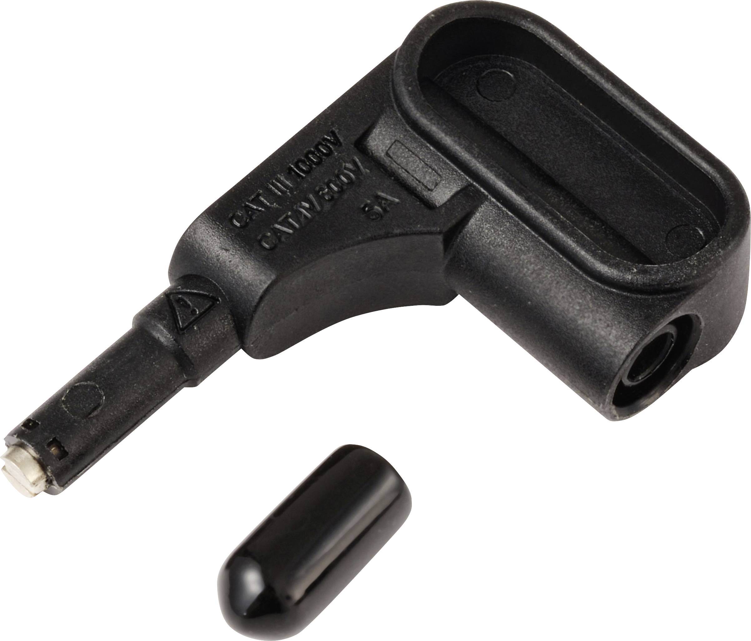 Un capuchon de bobine d'allumage noir en forme de L avec un résisteur haute tension est posé à côté d'un capuchon noir assorti qui recouvre l'extrémité du fil.