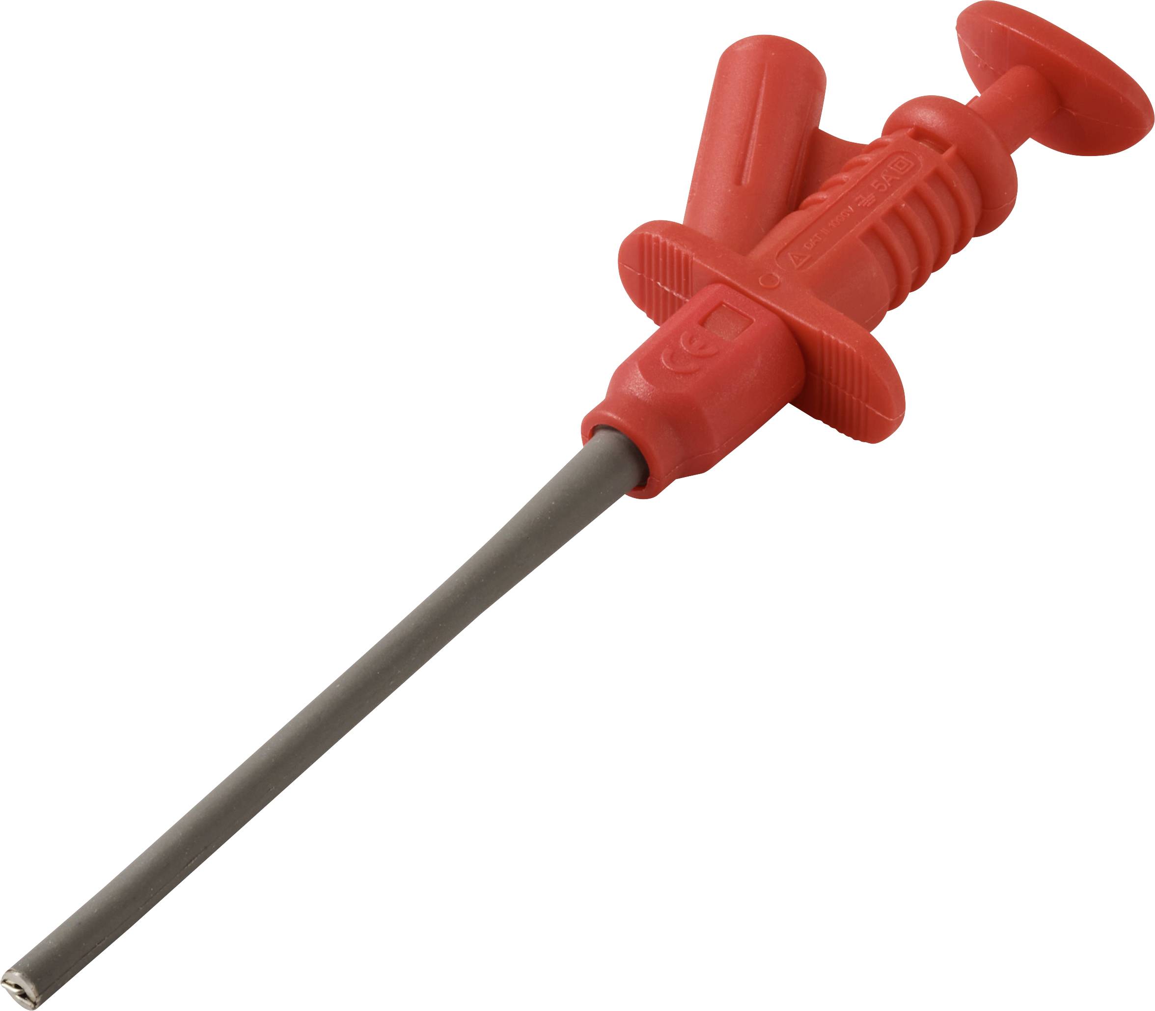 Une sonde de test électrique à poignée rouge avec un embout métallique isolé, utilisée pour mesurer les courants ou les tensions électriques.