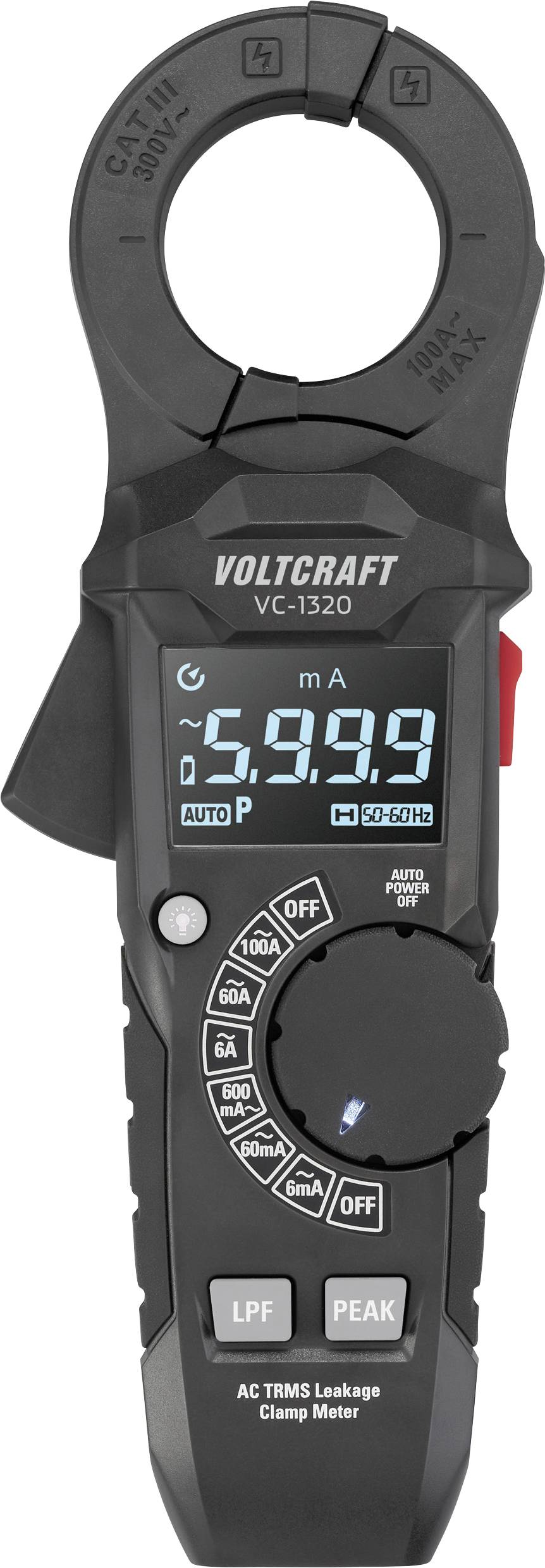 Voltcraft VC-1320 multimètre à pince numérique affichant une mesure de 5,99 milliampères en courant alternatif, avec des touches de fonctions comme LPF et PEAK.