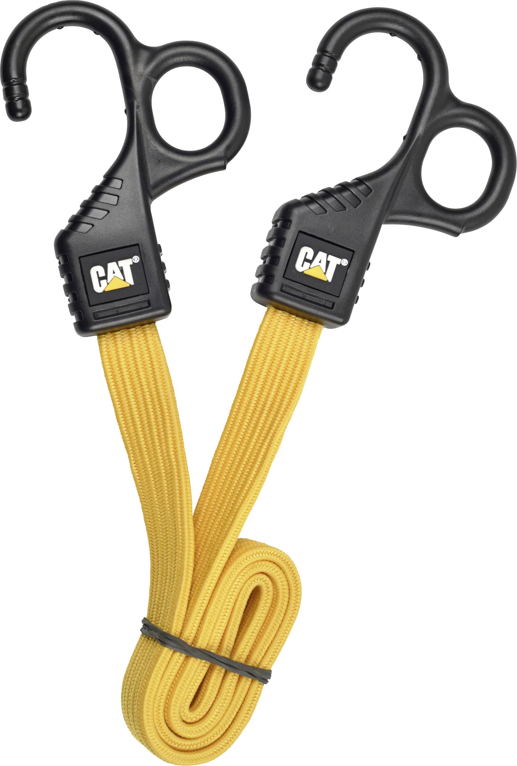 « Deux cordes élastiques jaunes avec des crochets noirs et le logo « CAT », enroulées ensemble et maintenues par une bande noire. »