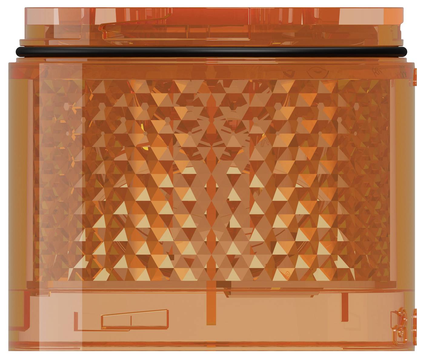Récipient en plastique rectangulaire translucide orange avec un devant facetté et texturé et un joint d'étanchéité noir sous le couvercle, présenté sur un fond blanc.