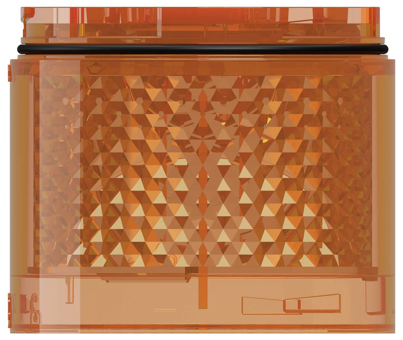 Feu d'avertissement rectangulaire translucide orange avec réflecteur intérieur à facettes et base transparente, présenté en gros plan sur fond blanc.