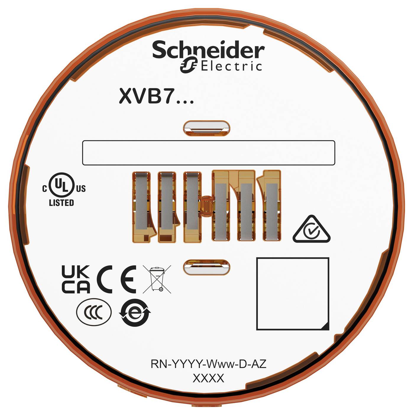 Étiquette de composant industriel Schneider Electric circulaire XVB7... avec logos de certification, schéma des bornes et code de modèle RN-YYYY-Www-D-AZ XXXX.
