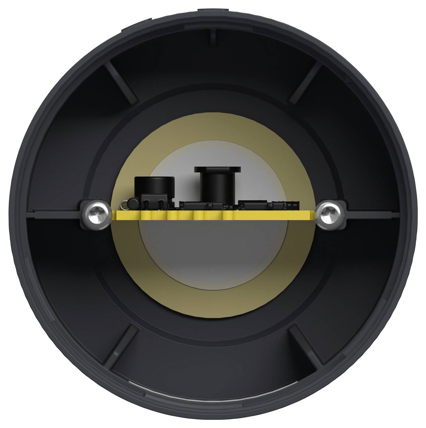 Boîtier mécanique circulaire avec une carte de circuit imprimé jaune centrale et deux vis, montré en coupe transversale sur un fond gris.