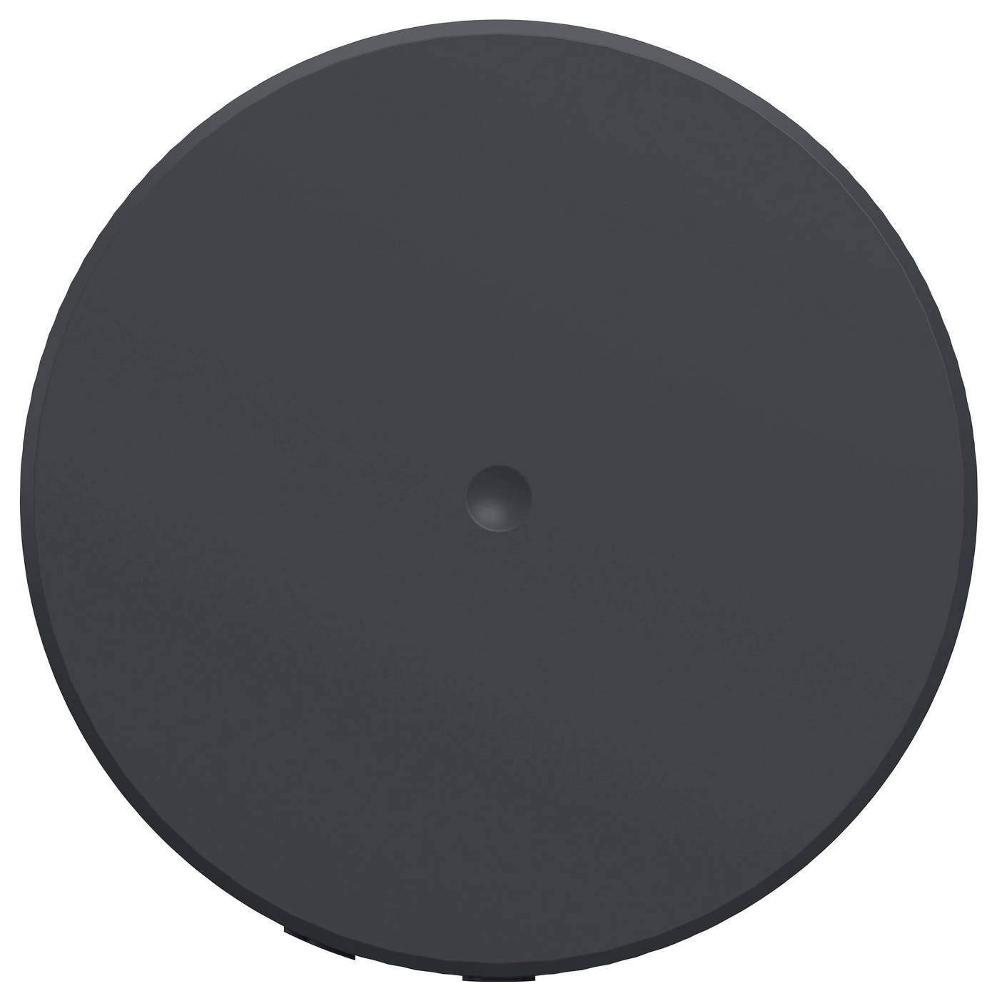 Appareil circulaire de couleur gris foncé ressemblant à un palet, avec un petit bouton central, présenté sur un fond blanc.