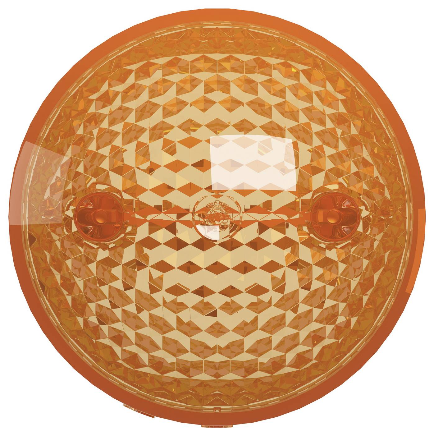 Gros plan d'une lentille lumineuse ou d'un réflecteur rond de couleur ambre/orange texturé avec trois points de montage.