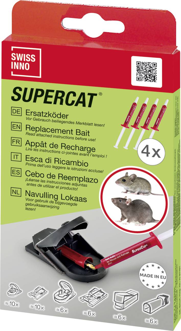 L'emballage de 'Appât de Remplacement SuperCat' présente les instructions d'utilisation de l'appât et quatre unités. Comprend une image d'un piège à souris et des illustrations de souris.