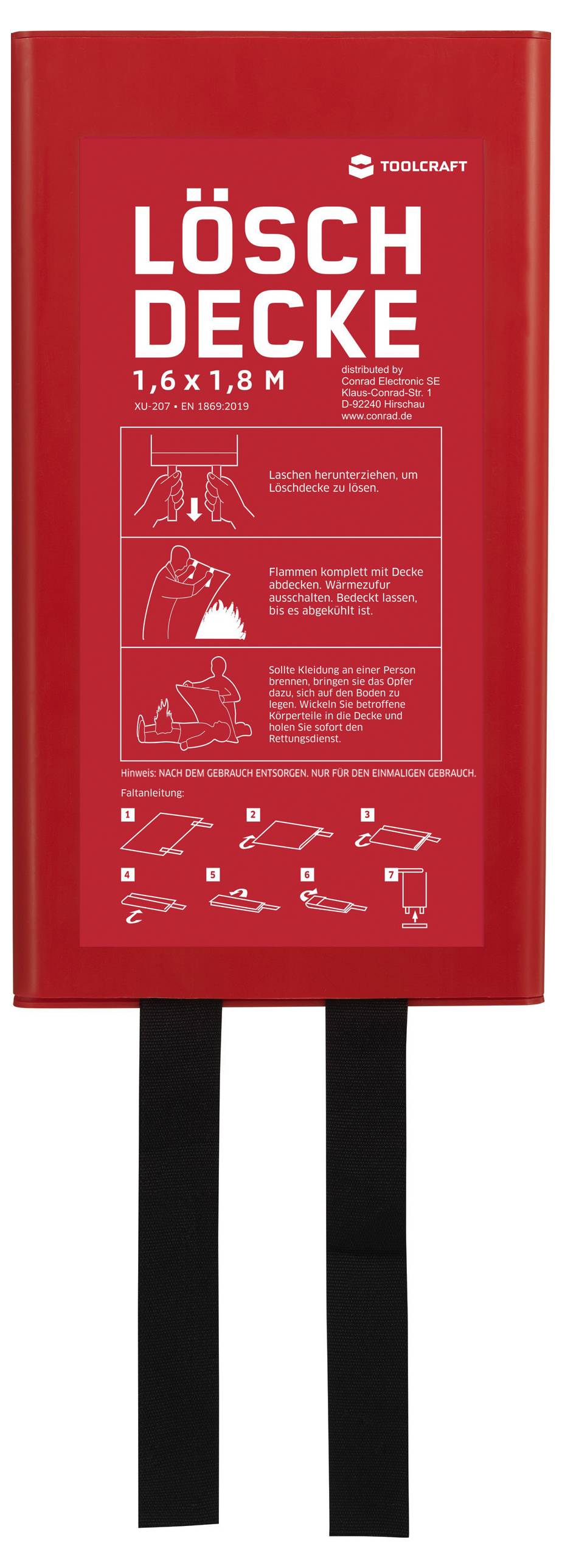Un package de couverture anti-feu rouge portant l'étiquette « Löschdecke 1.6 x 1.8 M » présente des illustrations et des instructions d'utilisation en cas d'urgence incendie.