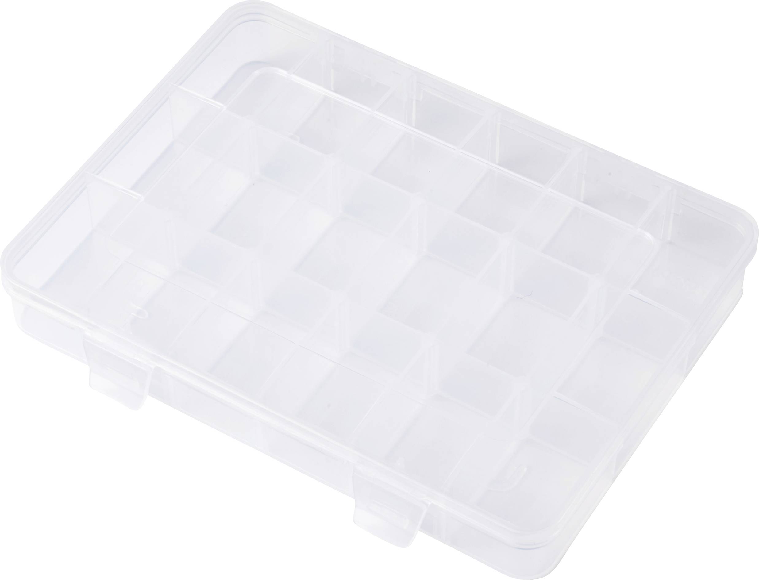 Un boîte de rangement transparente en plastique avec plusieurs compartiments pour organiser des petits objets.