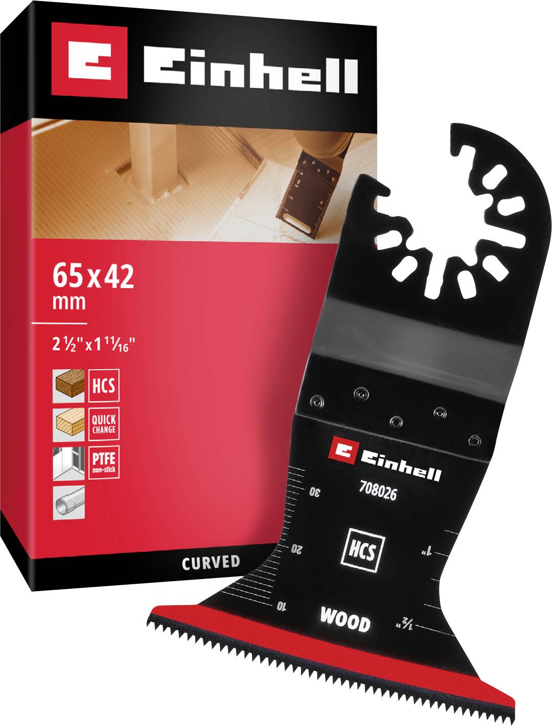 Einhell Multitool-Sägeblatt 65x42 mm, geeignet für Holz, mit PTFE-Beschichtung und HCS-Technologie. Verpackung zeigt Produktinfo.