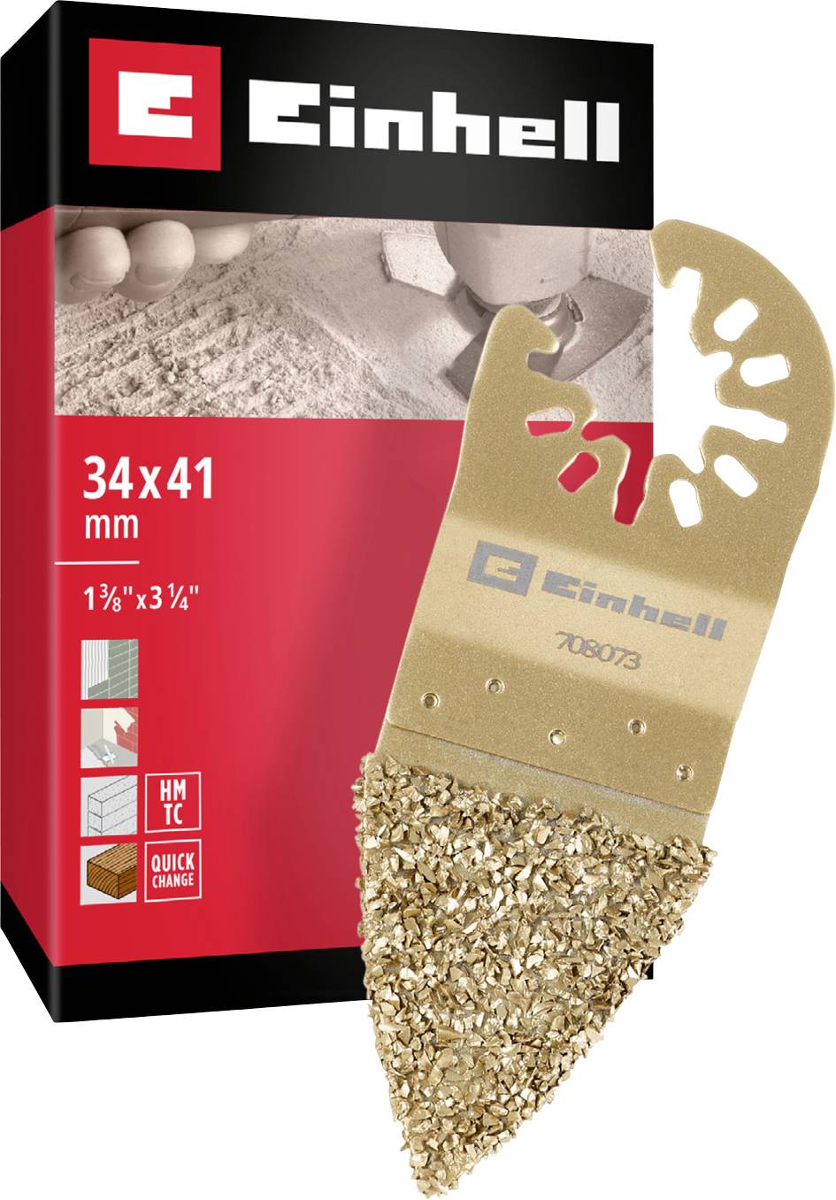 Lame de multioutils « Einhell », « 34x41 mm », HM/TC pour carrelage et mortier. L'emballage montre l'application du produit.