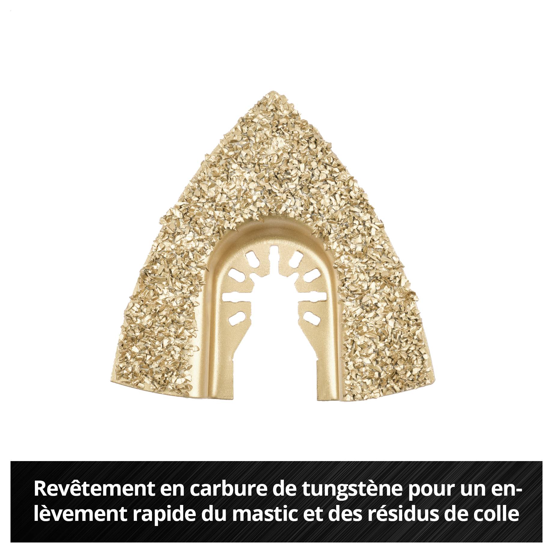 Hartmetallbestreute Dreiecksklinge zur schnellen Entfernung von Spachtelmasse und Kleberesten.