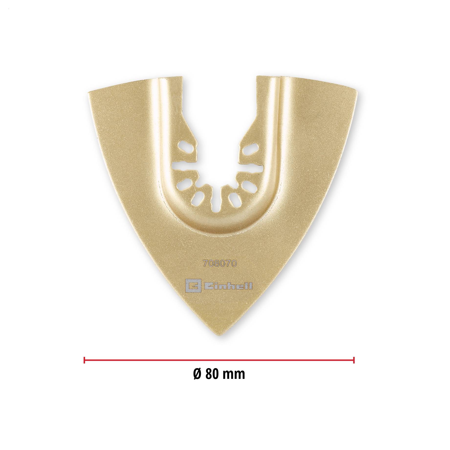 Lame de scie triangulaire de couleur dorée avec mesure : Ø 80 mm, adaptée pour couper le bois et les matériaux souples.