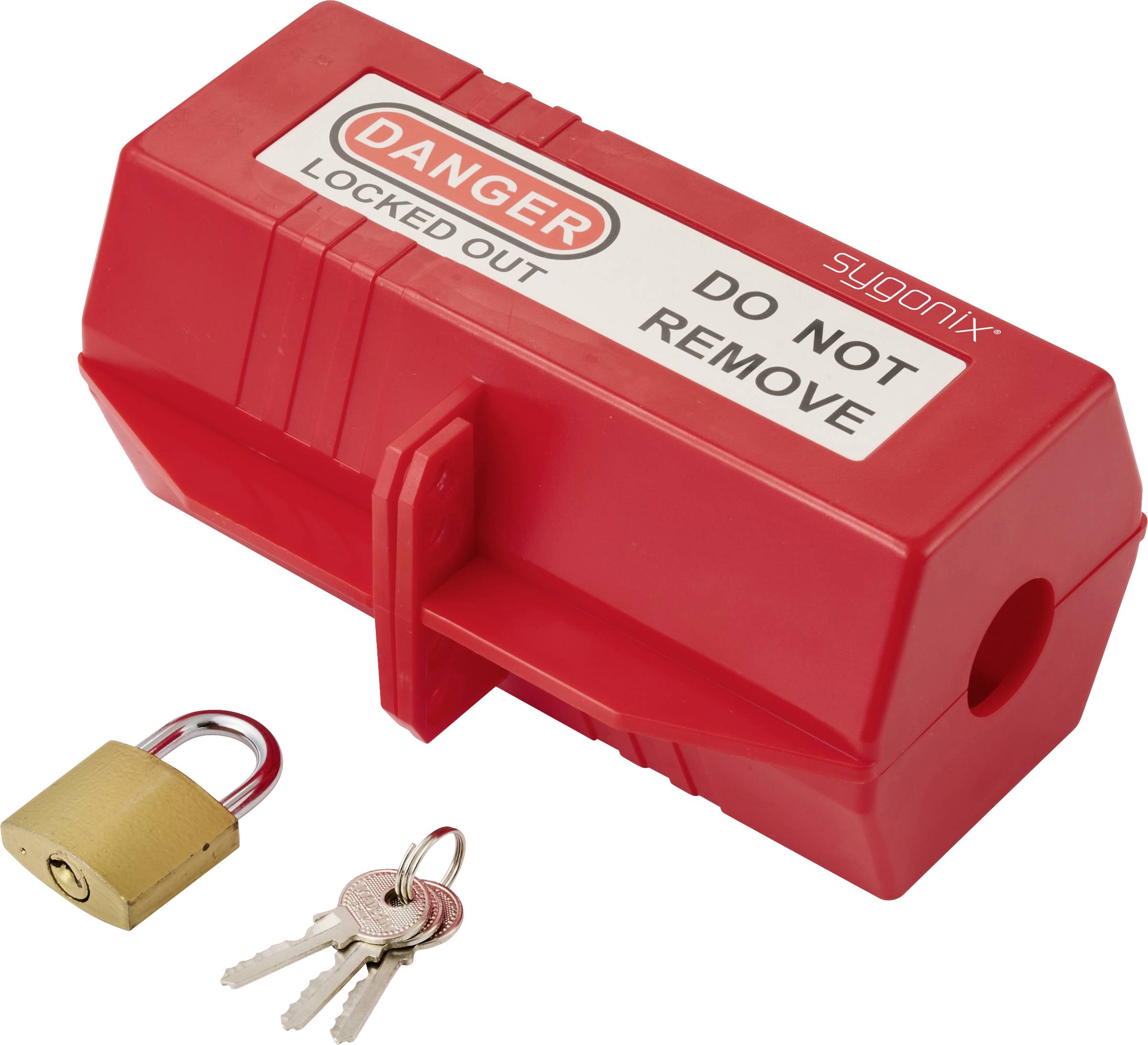 Un dispositif de condamnation rouge portant l'inscription « DANGER VERROUILLÉ NE PAS ENLEVER » avec un cadenas en laiton et deux clés, indiquant un accès restreint pour des raisons de sécurité.
