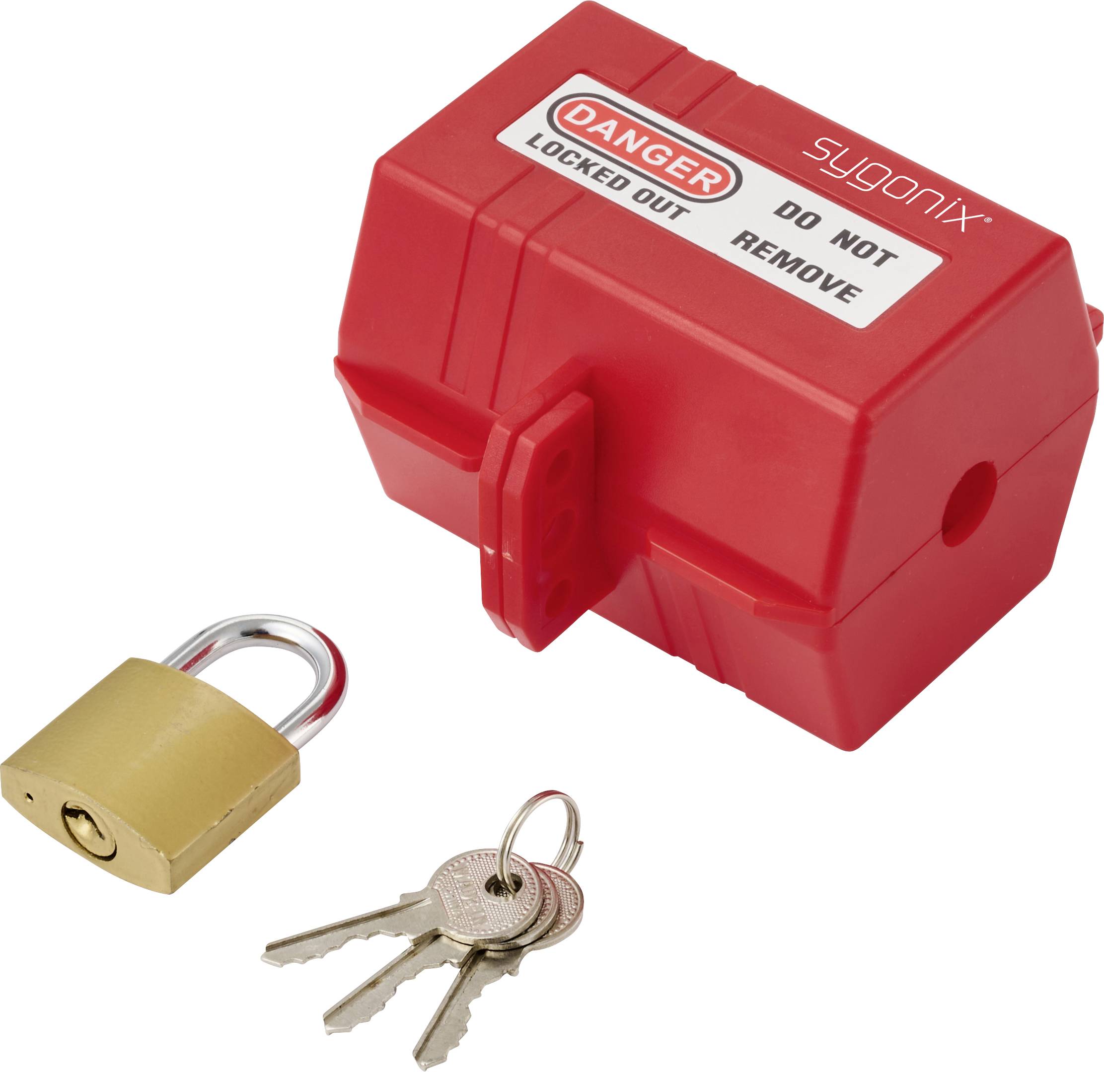 Un dispositif de condamnation rouge et un cadenas avec des clés sont présentés. Le dispositif de condamnation porte une étiquette d'avertissement indiquant « Danger Verrouillé Ne Pas Enlever ».