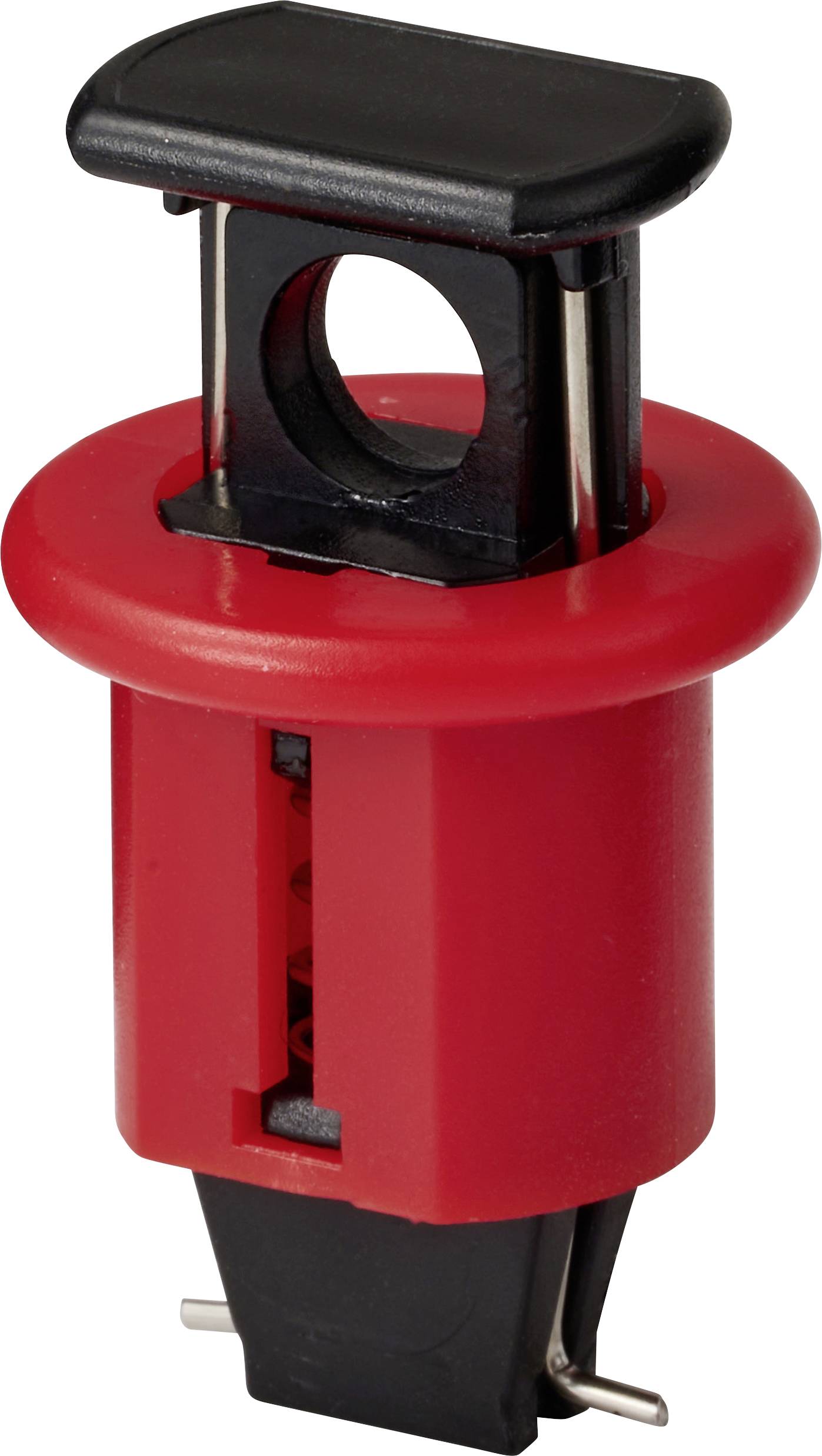 Un mécanisme de commutateur à cliquet électrique rouge et noir, utilisé pour un montage à enclenchement sur panneau.