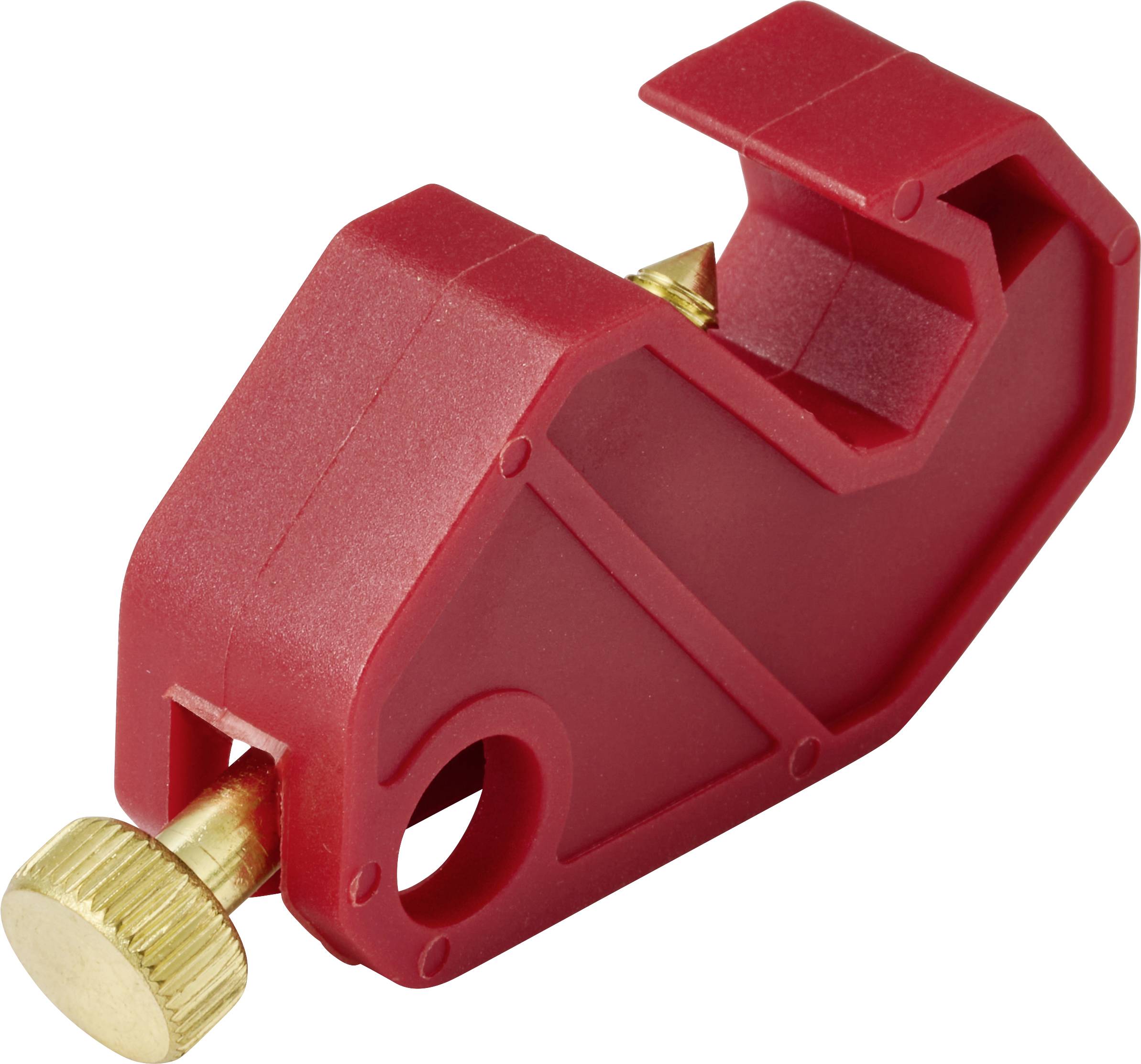 Un outil dénudeur de câbles rouge avec une vis de réglage dorée, conçu pour retirer précisément l'isolation des fils électriques.